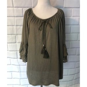 Olive Bell Sleeve Blouse Drawstring Tassel Top